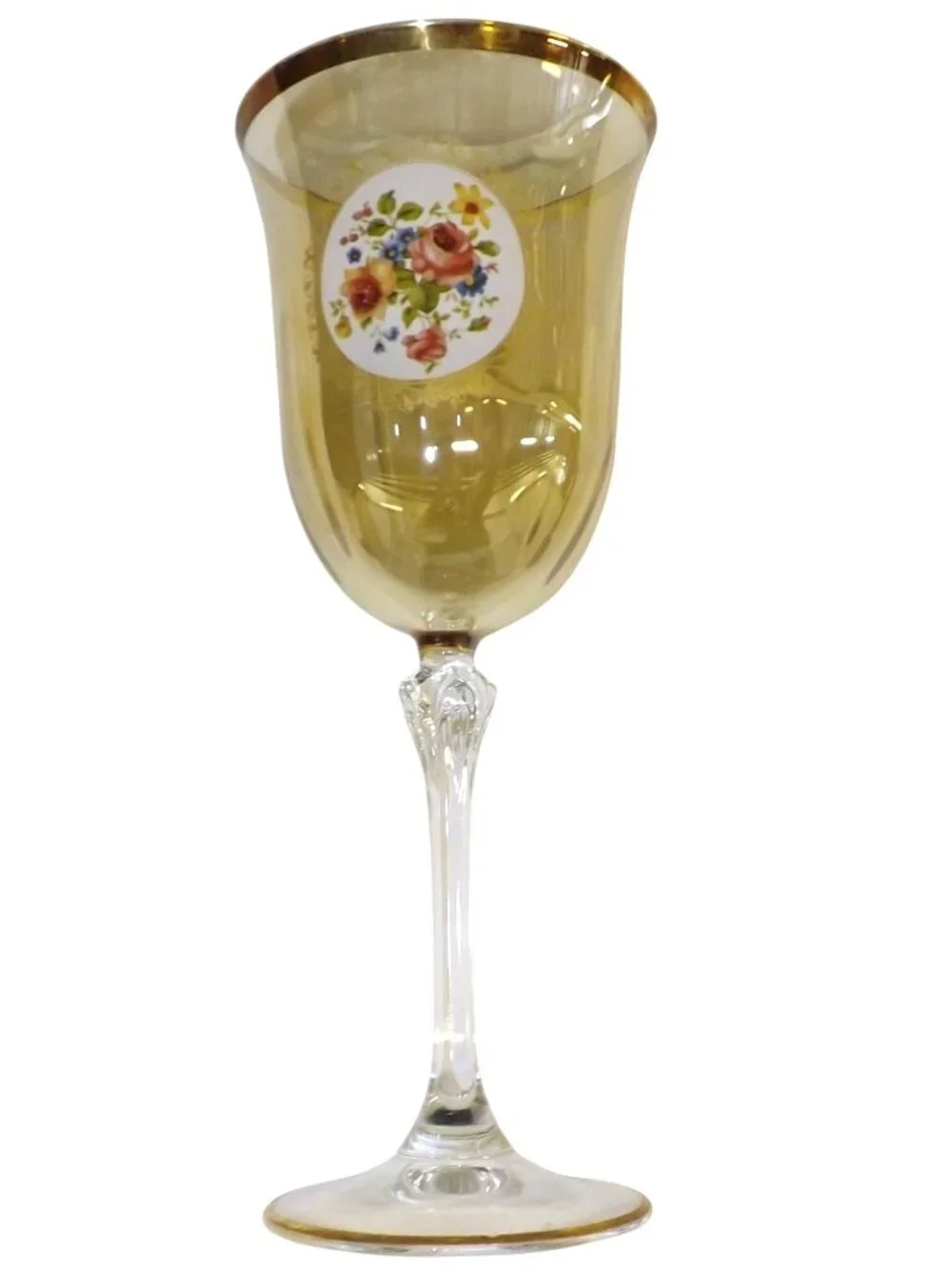 La Reine Italy Gold Iridescent Fancy Pan Crystal Wine Glass Gold Rim Base 8.25